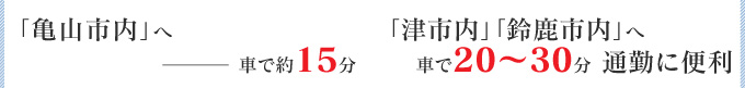 「亀山市内」へ車で、15分　「津市内」・「鈴鹿市内」へ車で20分~30分、通勤に便利
